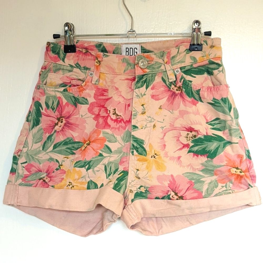 BDG Cuffed Mom Jean Shorts Floral Pink Urban Outfitters